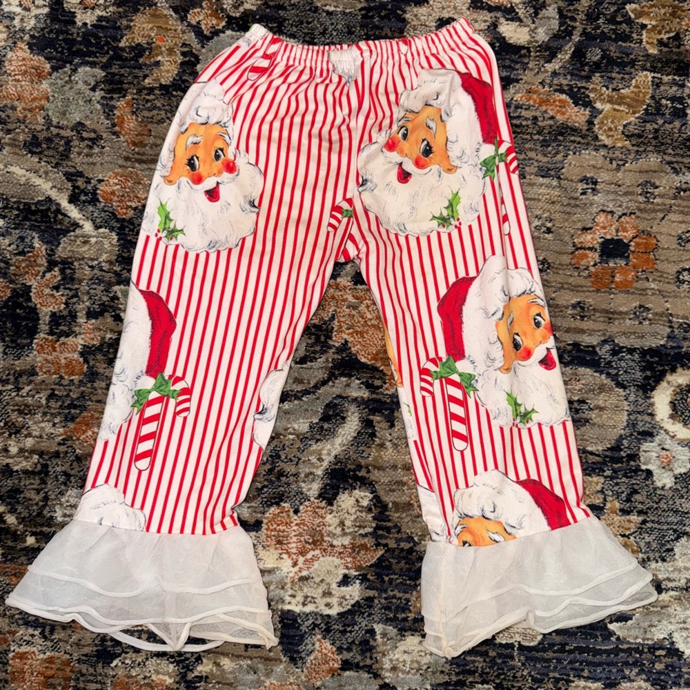 Girls' Red Stripe Santa Print Pants with Ruffle Hem